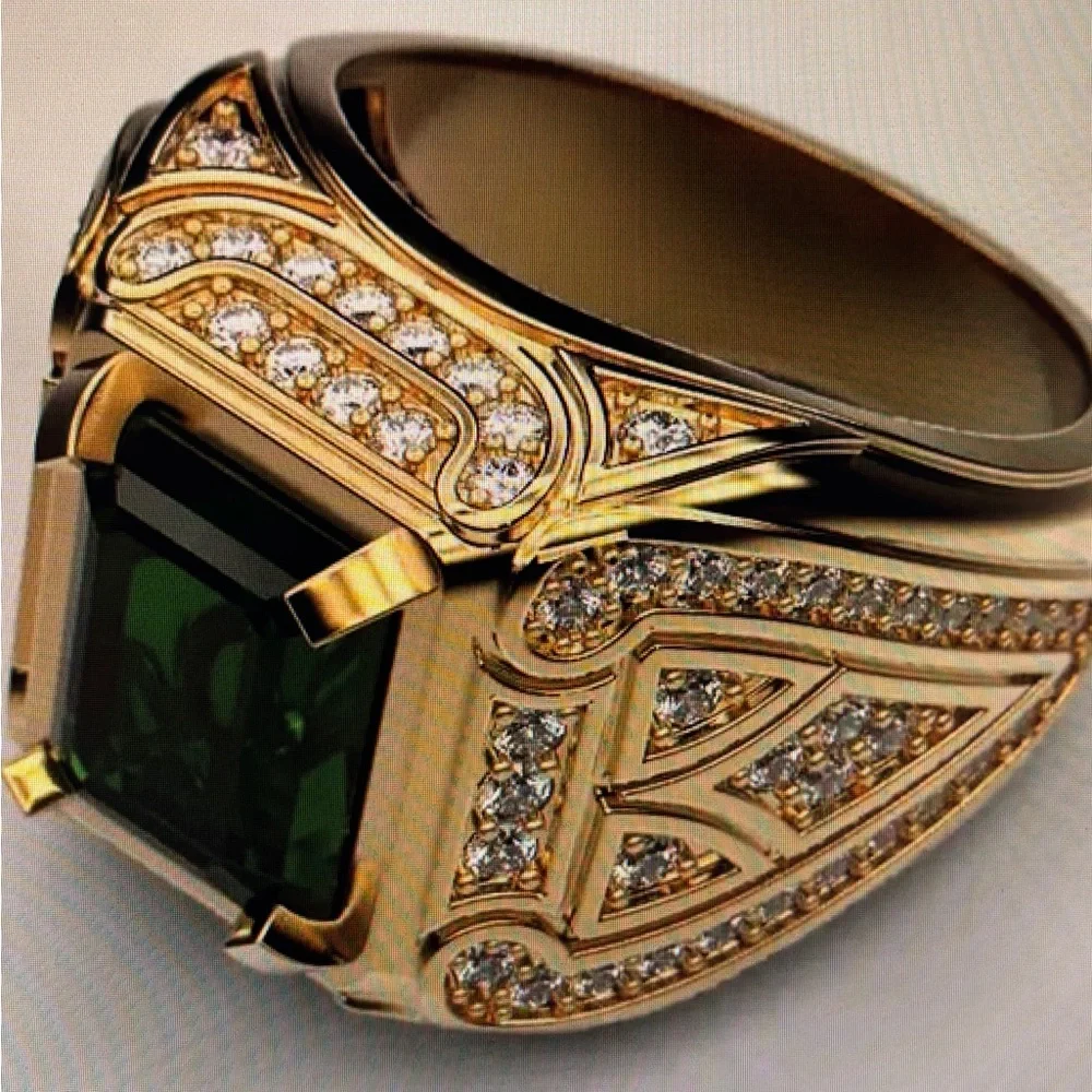 MENS GOLD PLATED GREEN STONE RING - Picture 3 of 13